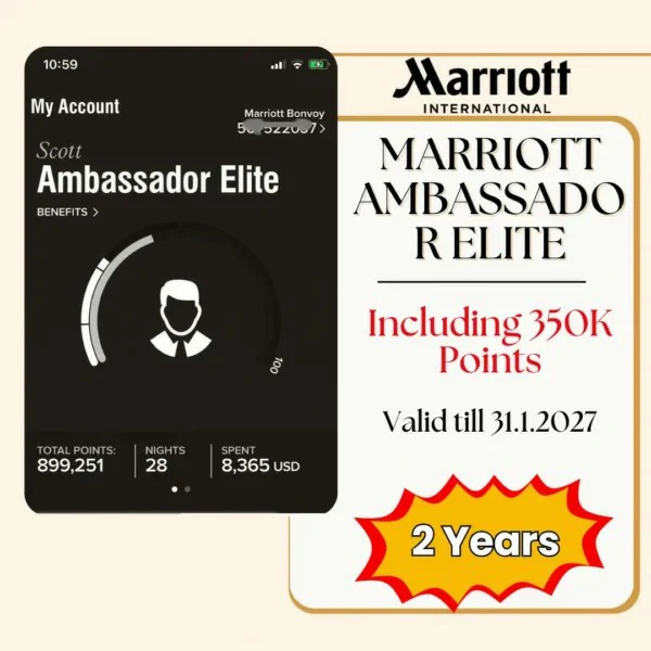 Marriott Ambassador Elite Status for 2 Years Including 350K Points 1 Marriott Ambassador Elite Status for 2 Years Including 350K Points